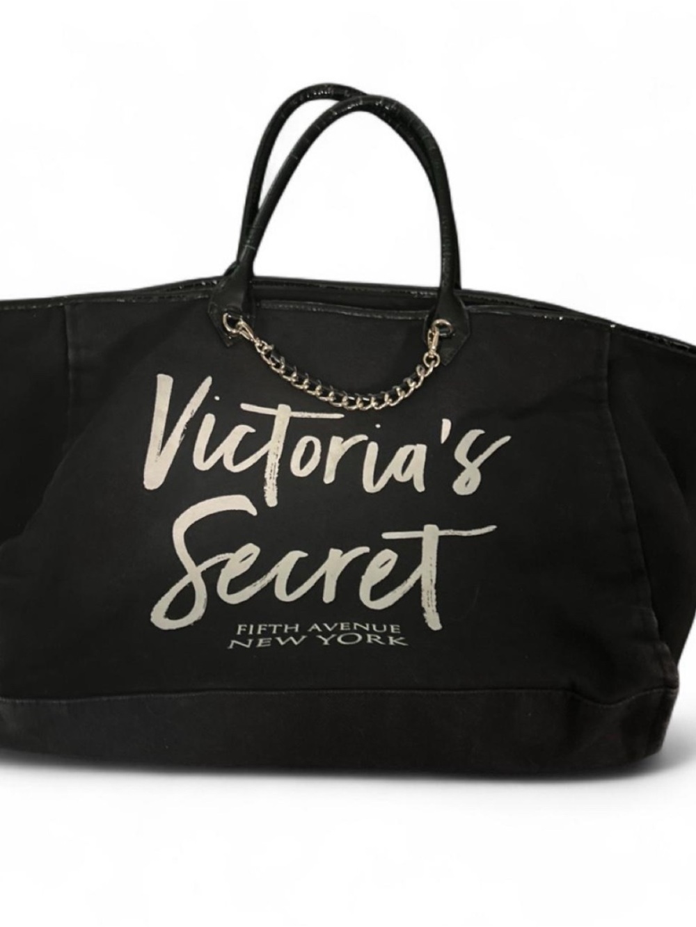 Victoria's Secret Black Tote with Cream Logo and Gold Chain